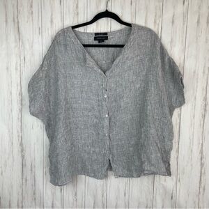 Tahari gray blue button down 100% linen blouse medium